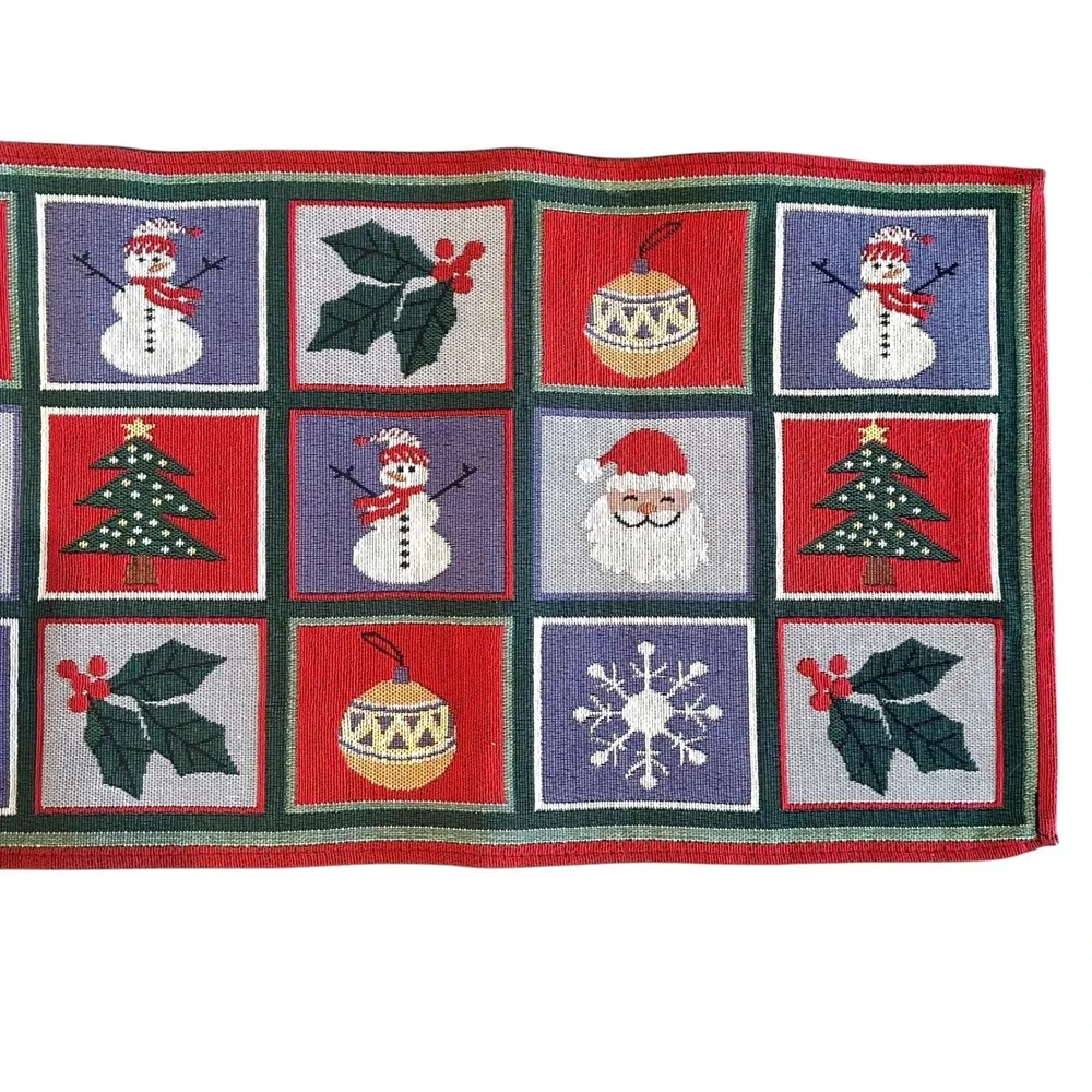 Christmas Tapestry Table Runner 72x13 Cotton Snowman Santa Holly by Holiday Home